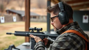 Professional shooter wearing over-ear electronic earmuffs at outdoor rifle range, standing at shooting bench with protective glasses, focusing on the protective device design and fit