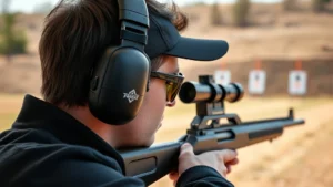 Professional shooter wearing electronic earmuffs at outdoor range with targets visible, focused on hearing protection equipment detail, natural daylight, realistic product showcase