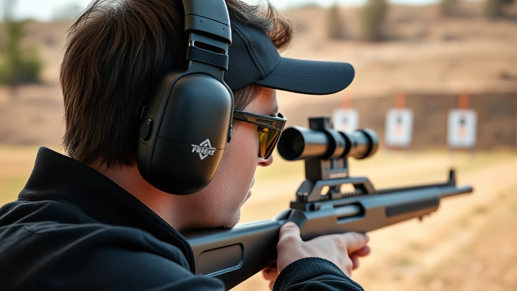 Professional shooter wearing electronic earmuffs at outdoor range with targets visible, focused on hearing protection equipment detail, natural daylight, realistic product showcase