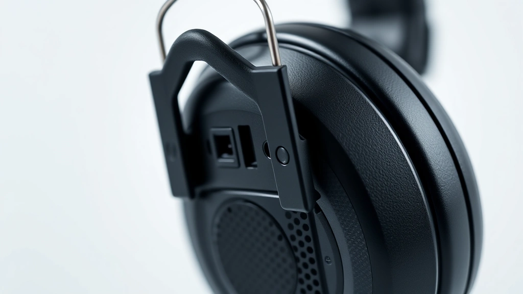 Close-up of electronic hearing protection device showing microphone ports and speaker components, detailed product photography, neutral background, professional lighting