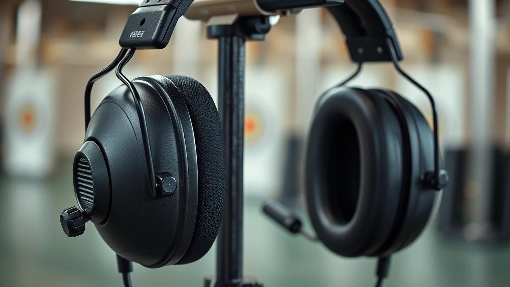 Photorealistic close-up of professional electronic shooting earmuffs with visible microphones and speakers, mounted on shooting range stand, no text or code visible