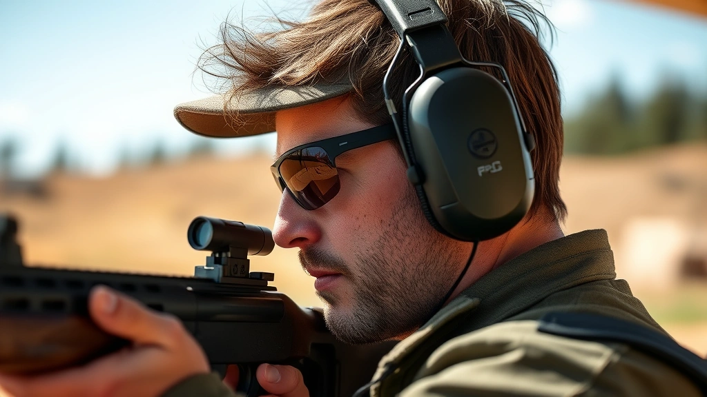 Realistic image of shooter wearing electronic ear protection at outdoor shooting range, hearing protection clearly visible on ears, focused on equipment comfort and fit
