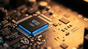 Close-up of circuit board with microcontroller and secure enclave chip highlighted, glowing blue security indicators, professional laboratory lighting, shallow depth of field focusing on semiconductor components