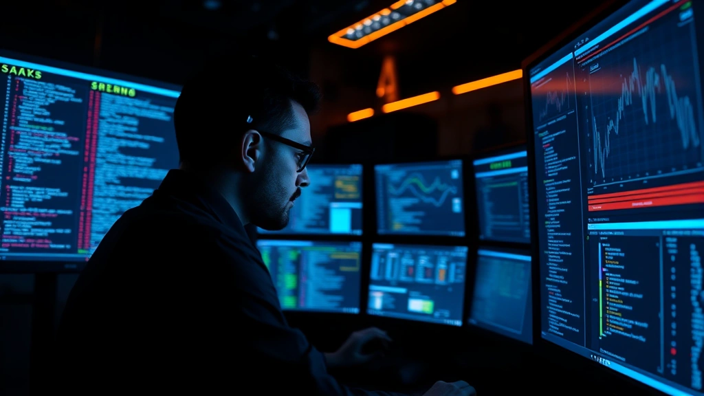 Cybersecurity analyst reviewing firmware code on multiple monitors in dark operations center, digital security indicators and threat dashboard visible, concentrated professional environment, blue and amber accent lighting