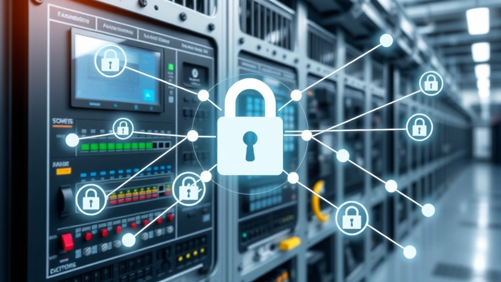 Industrial control system panel with embedded devices and network connections, security lock icons overlaid, interconnected nodes showing secure communication channels, modern facility background, technical professional setting