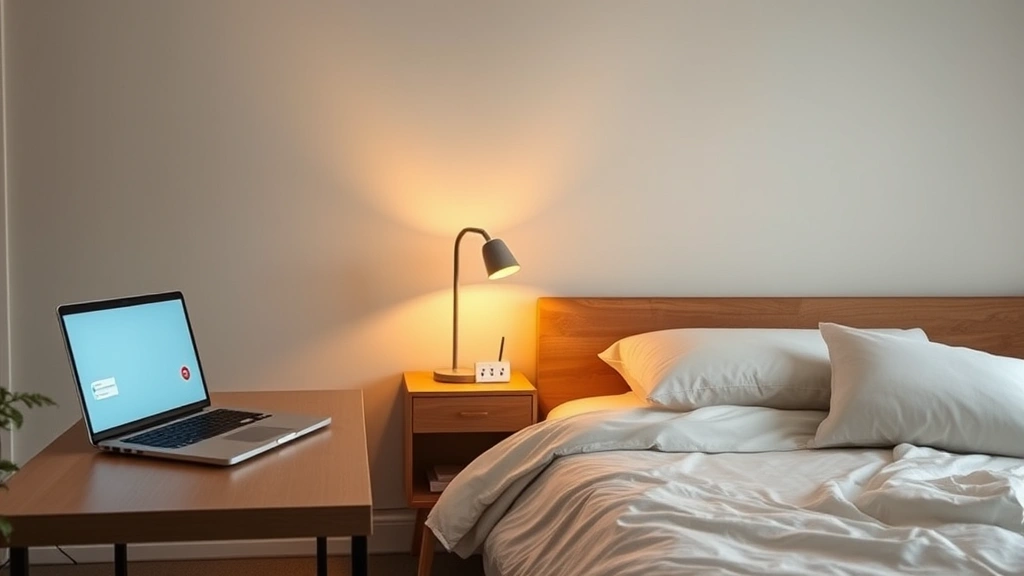 Bedroom with laptop on desk away from bed, Wi-Fi router positioned far from sleeping area, grounded power outlets visible, warm lighting, minimalist design emphasizing EMF-conscious space planning