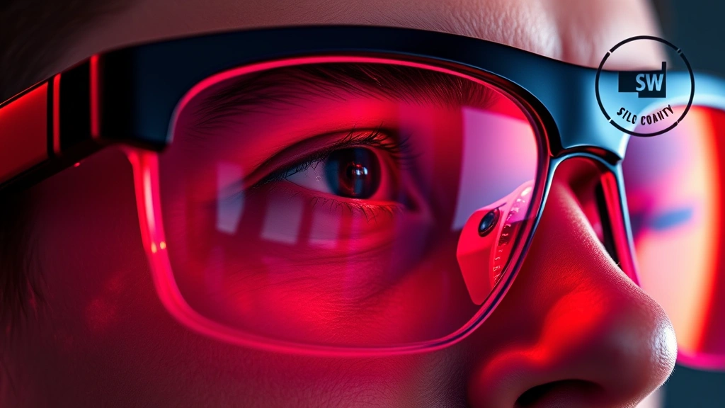 Detailed close-up photograph of high-quality red light therapy protective eyewear displaying optical coatings and specialized lens design, showing ANSI certification markings and durability features, professional product photography style