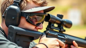 Professional shooter wearing wraparound tactical glasses at outdoor range, focusing on eye protection and frame design details, bright daylight conditions with clear visibility of lens quality