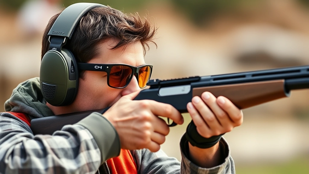 Competitive shooter in clay shooting sport wearing amber-tinted shooting glasses, mid-action during target acquisition, demonstrating secure frame fit and comfort during dynamic movement
