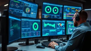 Cybersecurity analyst monitoring multiple screens displaying network security dashboards and threat detection alerts in a modern operations center