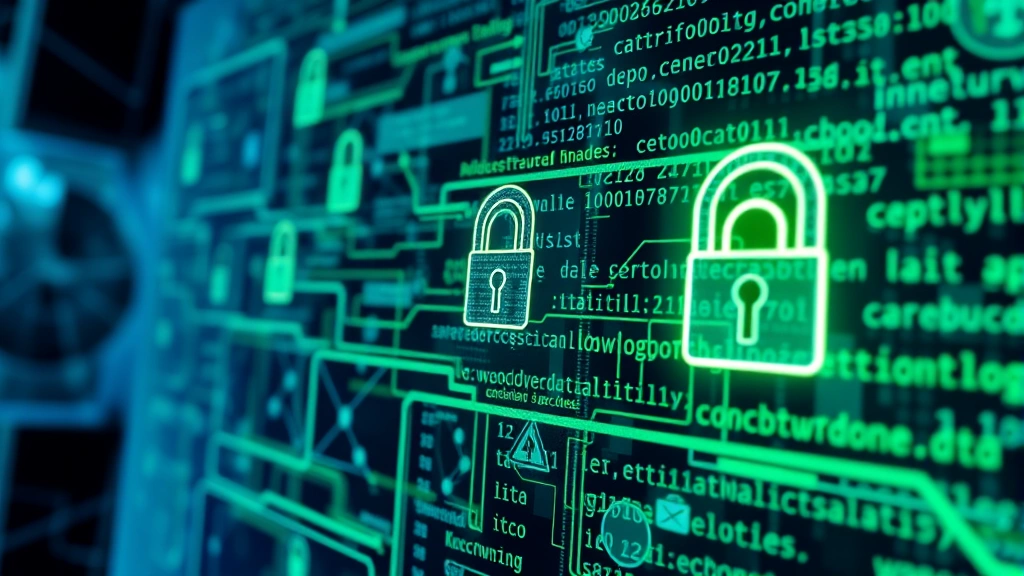 Encrypted data visualization showing digital lock symbols and encrypted code flowing across computer networks in blue and green tones