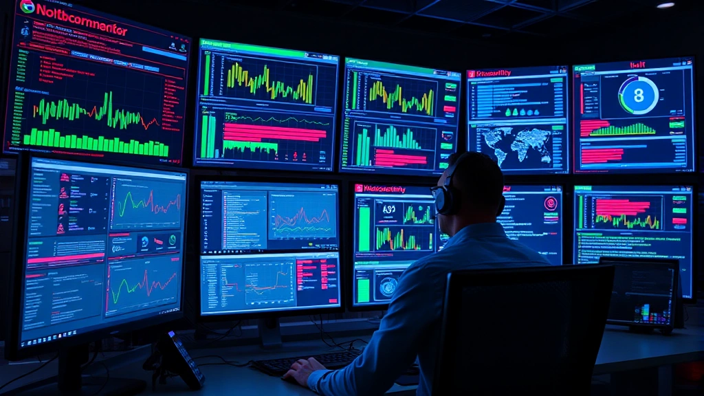 Cybersecurity analyst monitoring multiple security dashboards on screens in a modern command center, displaying network traffic and threat alerts in real-time