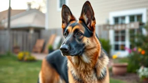 Professional German Shepherd standing alert in residential backyard, focused expression, daylight, family home setting visible behind, photorealistic