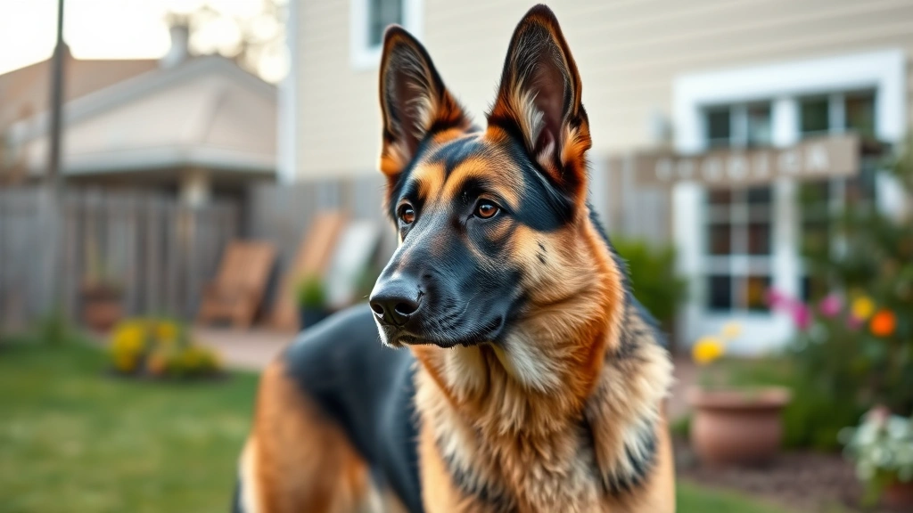 Professional German Shepherd standing alert in residential backyard, focused expression, daylight, family home setting visible behind, photorealistic