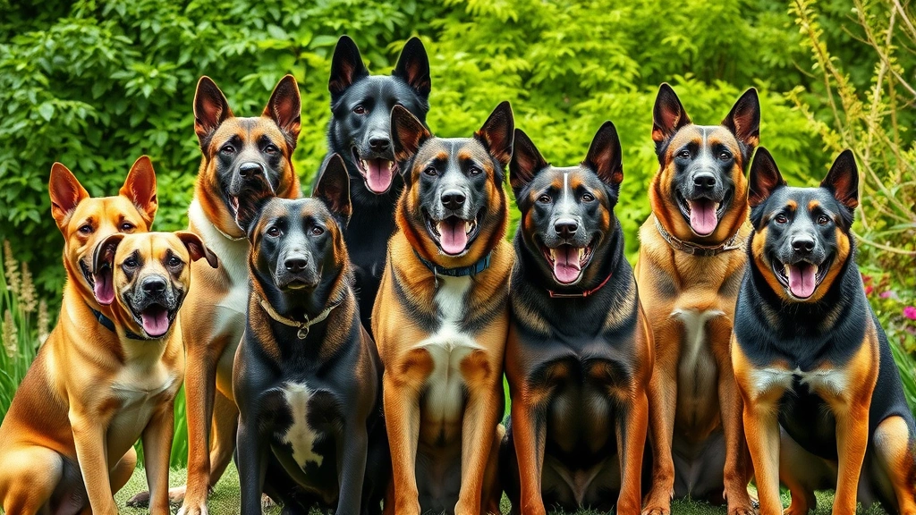 Multiple large protection dog breeds together in secure garden environment, various coat colors, alert expressions, lush green background, photorealistic