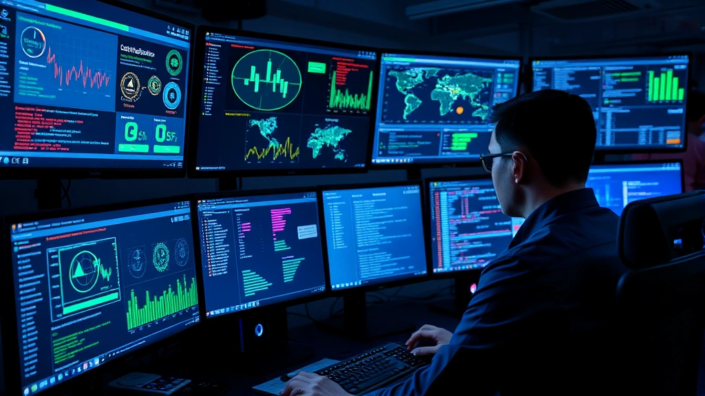 Professional cybersecurity analyst monitoring multiple screens showing threat detection dashboards, network traffic visualization, and security alerts in a modern SOC environment with blue and green data displays