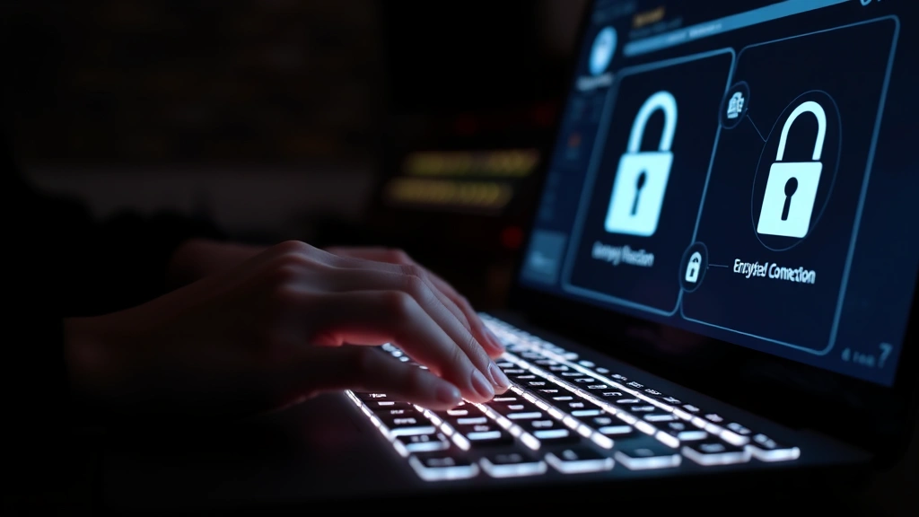 Close-up of hands typing on backlit keyboard in dark room with glowing screen showing security software interface, encrypted connection indicators, and lock symbols representing digital protection