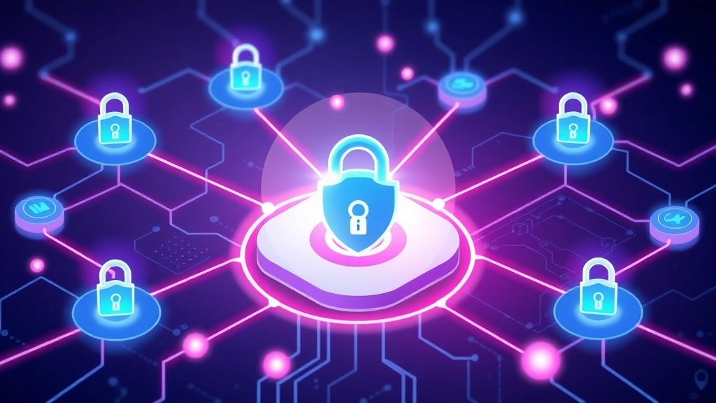 Digital illustration of interconnected network nodes with shield icons, padlock symbols, and flowing data streams showing multiple layers of security protection around a central protected device