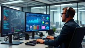 Professional cybersecurity analyst monitoring security dashboard with multiple screens showing threat detection and network analytics in modern office environment