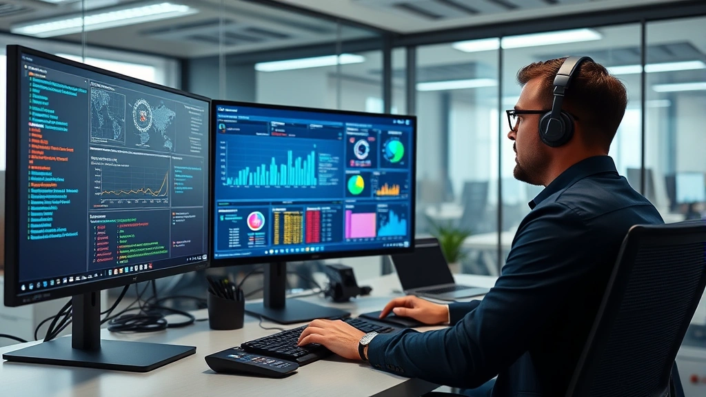 Professional cybersecurity analyst monitoring security dashboard with multiple screens showing threat detection and network analytics in modern office environment