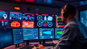 Cybersecurity professional monitoring multiple security dashboards with fire safety system alerts in a modern Dallas control room, showing real-time threat detection and network monitoring displays
