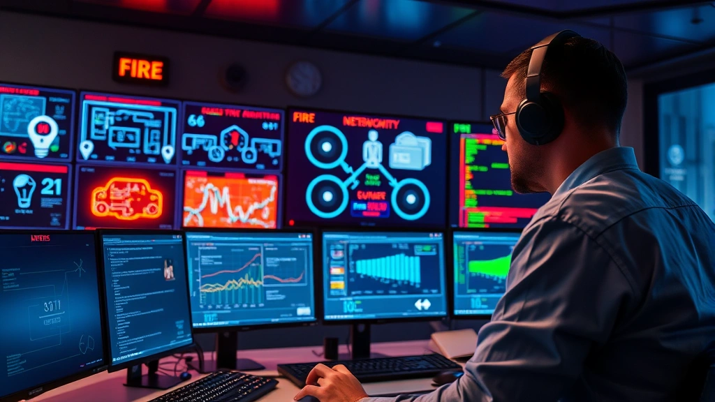 Cybersecurity professional monitoring multiple security dashboards with fire safety system alerts in a modern Dallas control room, showing real-time threat detection and network monitoring displays