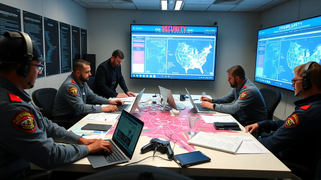 Security team conducting incident response tabletop exercise for fire safety cyber attack scenario, with multiple personnel analyzing threat patterns and coordinating response procedures