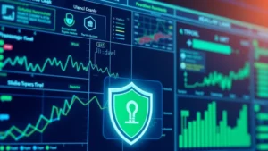 Professional cybersecurity analyst monitoring digital security dashboard with flowing network data visualization and protective shield icon, modern blue and green color scheme, no visible text or code
