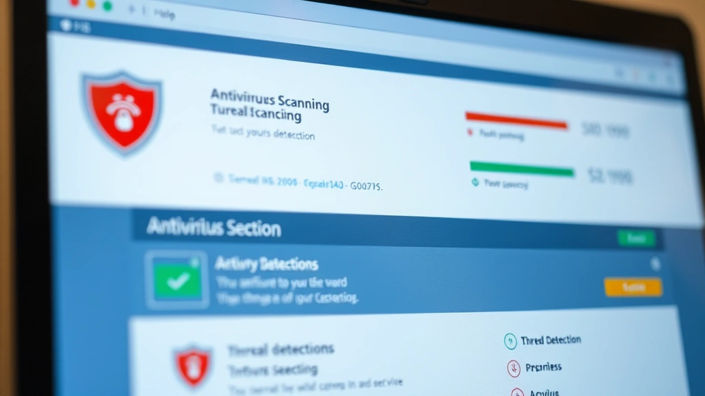 Close-up of computer screen displaying antivirus scanning process with progress indicators and threat detection visualization, clean professional interface showing security status, no readable text or terminal windows