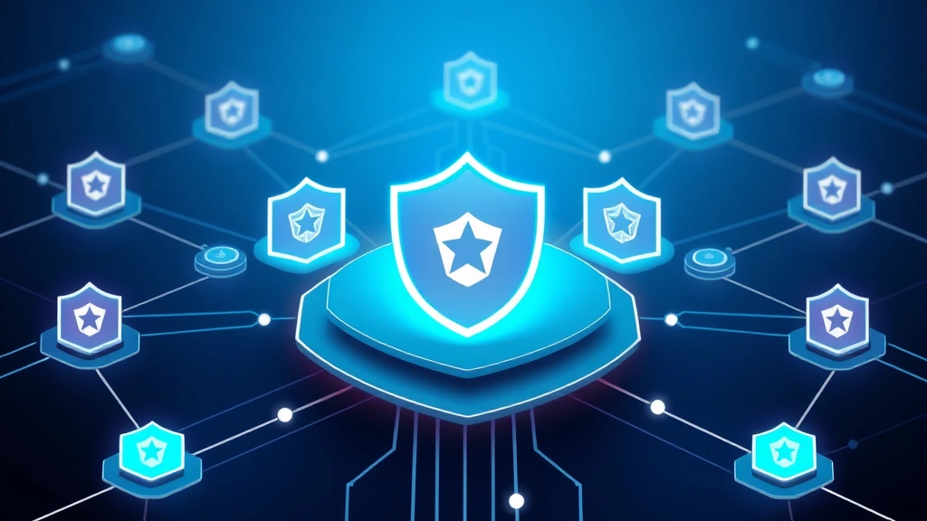 Digital illustration of layered security protection concept with interconnected shield symbols and network nodes representing comprehensive defense system against cyber threats, modern minimalist design in cool tones