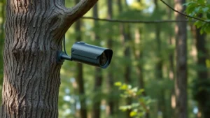 Professional wildlife monitoring camera mounted on tree in forest with motion sensor visible, daylight, photorealistic, no text or labels