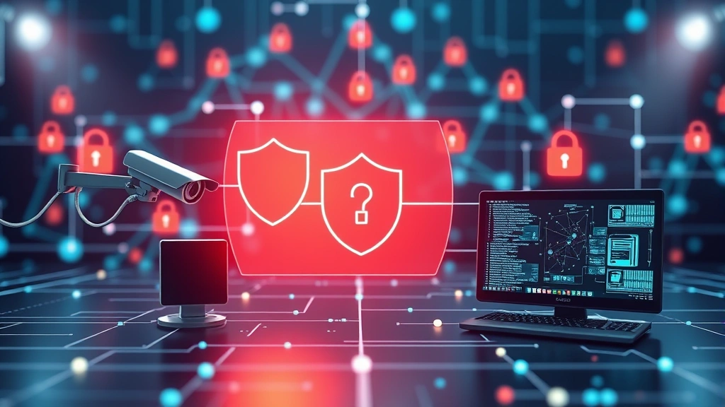 Network security visualization showing connected devices with firewall protection, digital barriers between IoT cameras and home computers, abstract cybersecurity metaphor, photorealistic