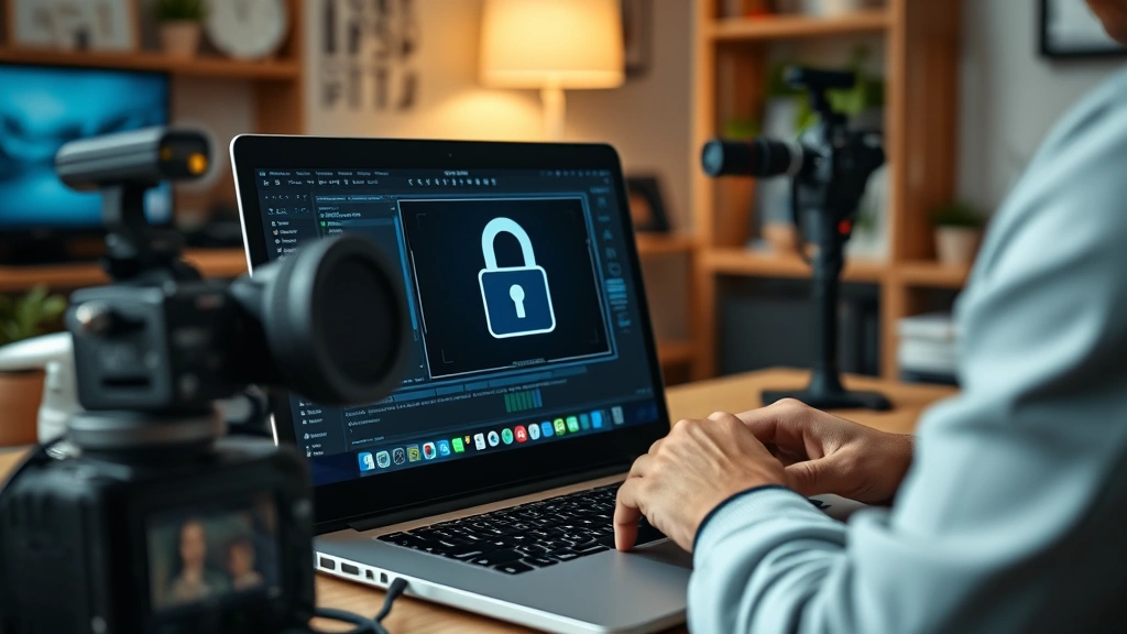 Person reviewing encrypted SD card security on laptop screen in home office, hands working with camera equipment, professional security setup, photorealistic lighting