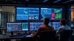 Professional network operations center with security analysts monitoring multiple screens displaying real-time threat dashboards and network activity, cybersecurity team working in modern office environment