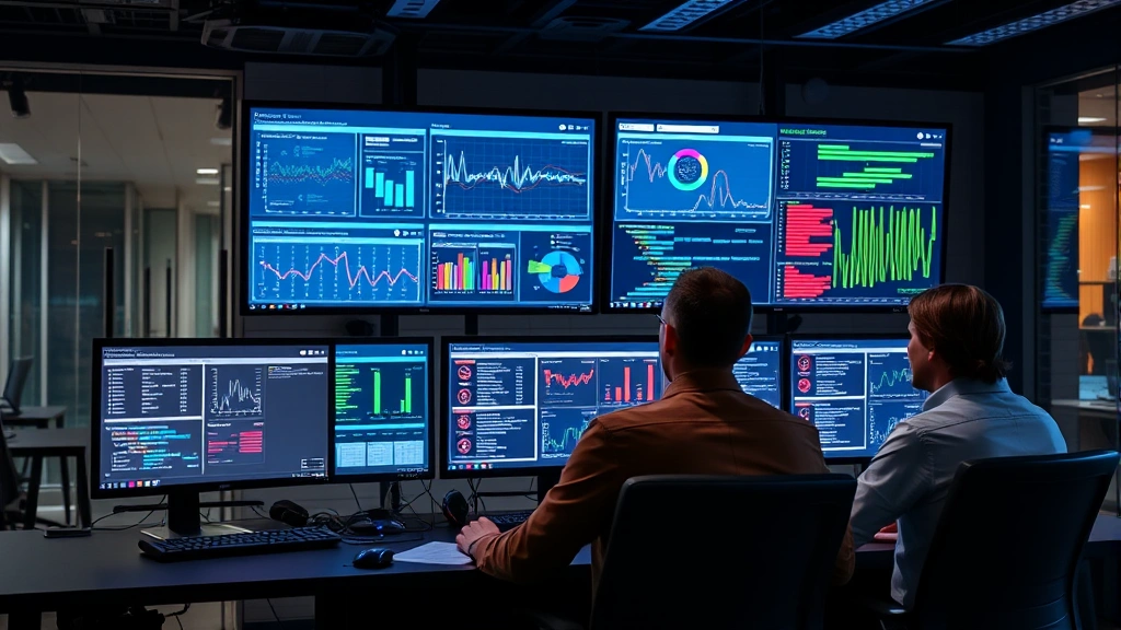 Professional network operations center with security analysts monitoring multiple screens displaying real-time threat dashboards and network activity, cybersecurity team working in modern office environment