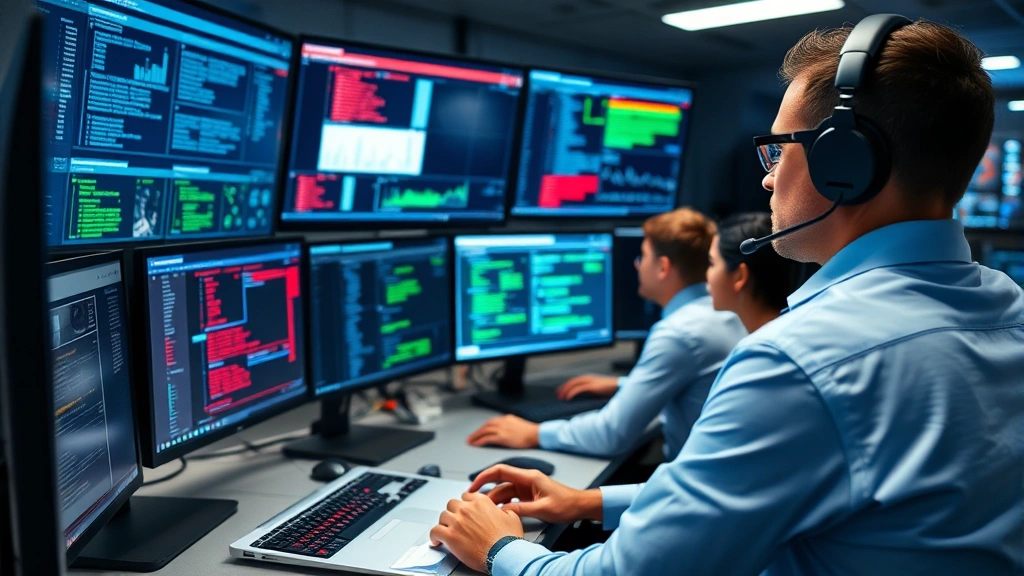 Cybersecurity professional reviewing incident response procedures on multiple monitors, network security control center with team collaborating, threat detection and analysis in action