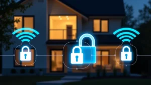 Modern home with glowing WiFi signals and digital lock icons, representing secure wireless network protection and encryption
