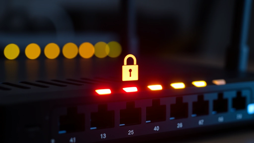 Close-up of router with illuminated security indicators and padlock symbols, showing cybersecurity protection and network defense systems