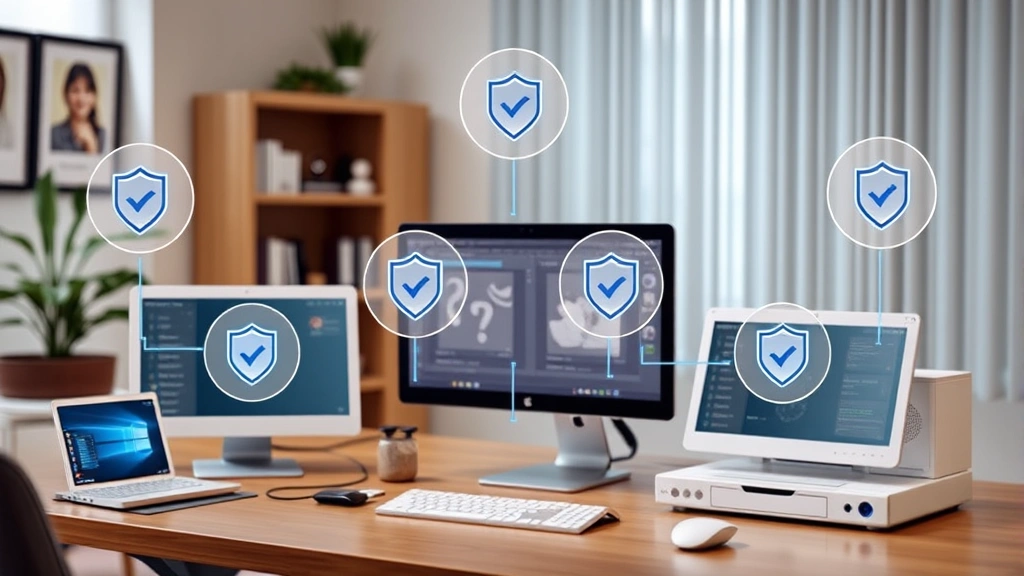 Home office setup with multiple connected devices displaying shield icons and security checkmarks, illustrating comprehensive network monitoring