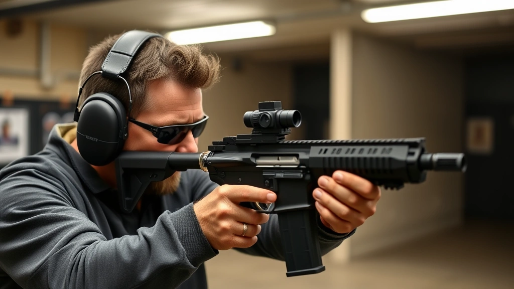 Professional shooter at indoor gun range wearing foam earplugs and electronic tactical earmuffs, demonstrating proper hearing protection fit and positioning during firearms practice session