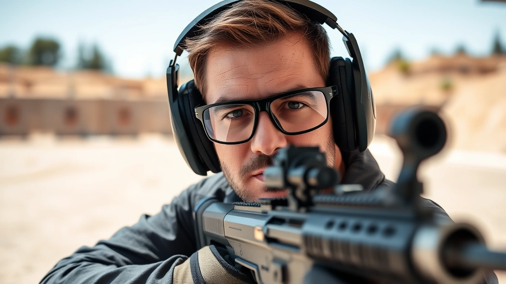 Professional shooter wearing electronic earmuffs and safety glasses at outdoor shooting range, focused expression, clear daylight, realistic protective gear visible, shooting lane background