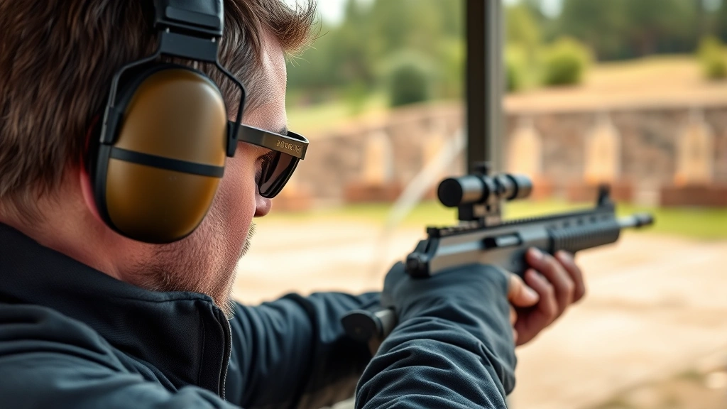 Professional shooter wearing over-ear earmuffs at outdoor gun range with targets visible in background, focused on hearing protection equipment detail