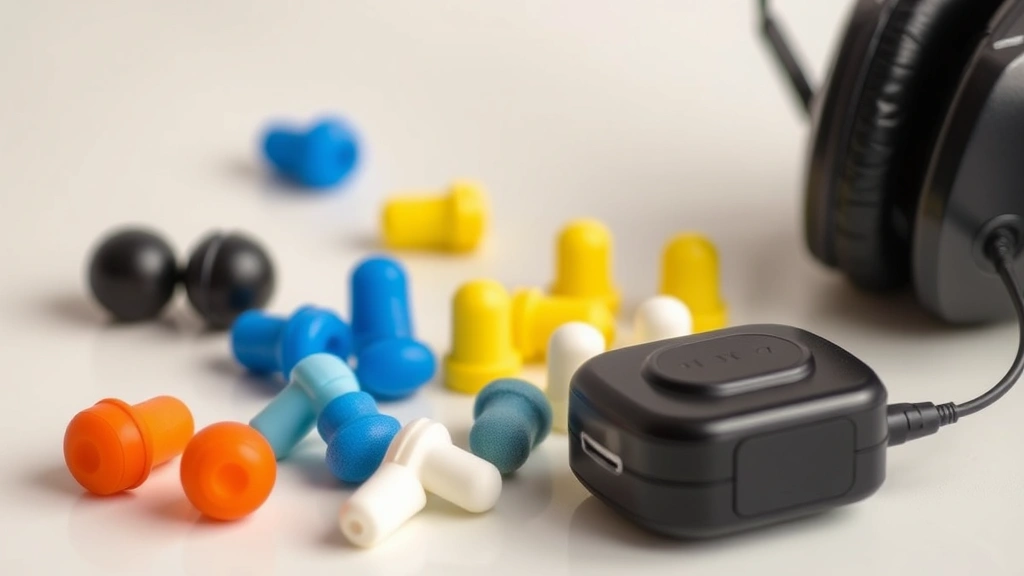 Close-up of various hearing protection options including foam earplugs, custom-molded earplugs, and electronic earmuff devices arranged on clean surface, professional product photography style