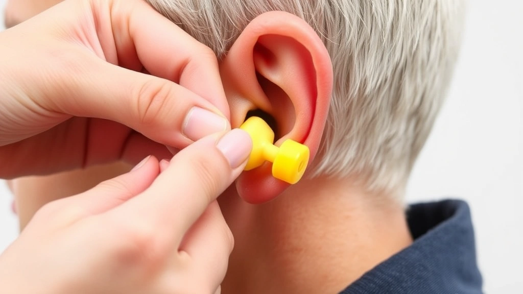 Close-up of foam earplug insertion demonstration showing proper technique and ear canal positioning, hands demonstrating correct placement method