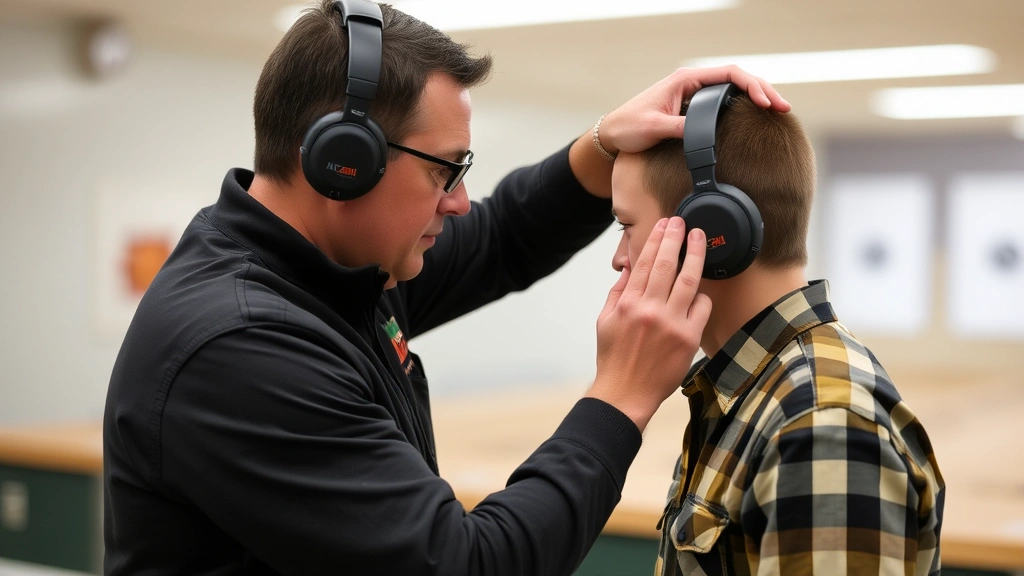 Experienced range instructor demonstrating proper foam earplug insertion technique to student, hands visible showing correct depth and positioning, educational setting, clear demonstration