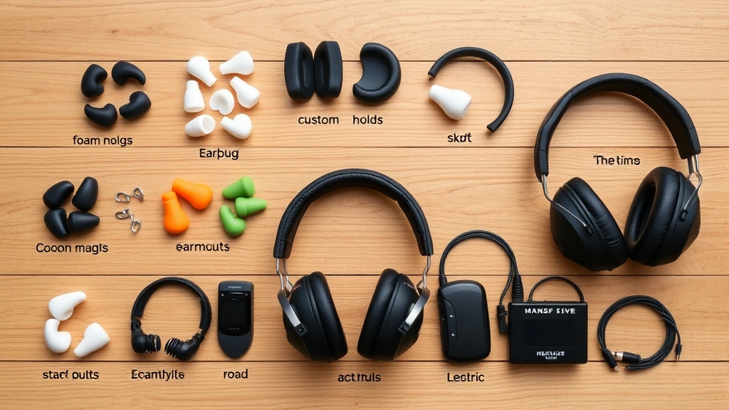 Multiple types of hearing protection displayed on wooden surface including foam earplugs, custom molds, earmuffs, and active electronic devices arranged professionally