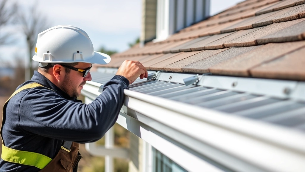 Professional technician installing gutter protection system on residential roofline, wearing safety equipment, hands working with metal guard components, detailed craftsmanship visible, no signage