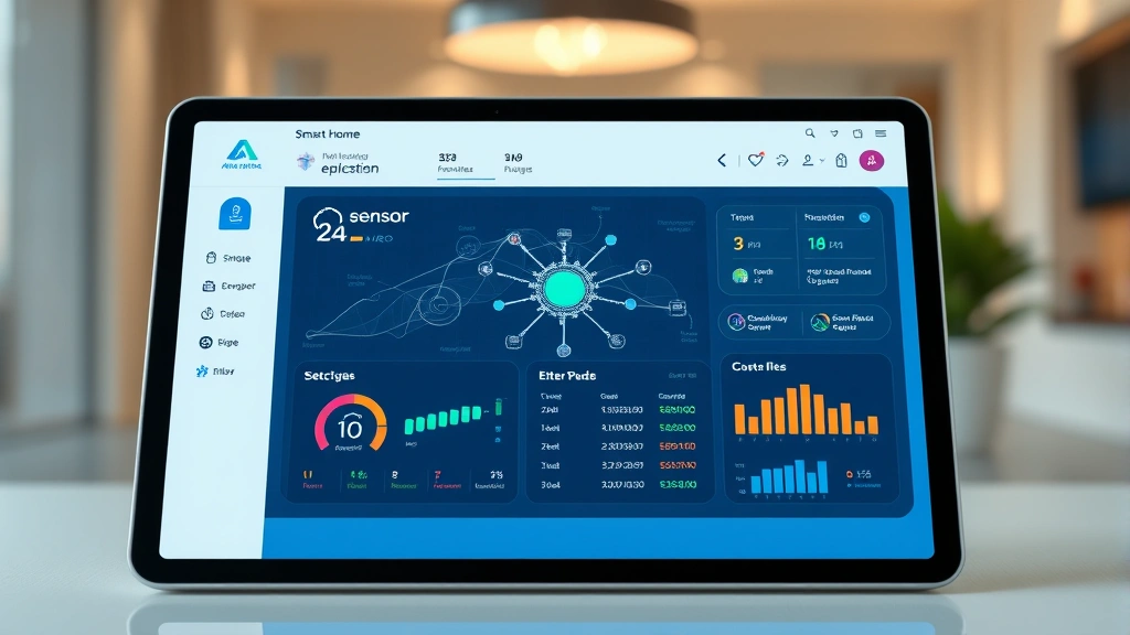 Modern smart home security dashboard displayed on tablet screen showing network diagram with gutter sensor highlighted, cybersecurity visualization, professional interface design, no readable code or alerts
