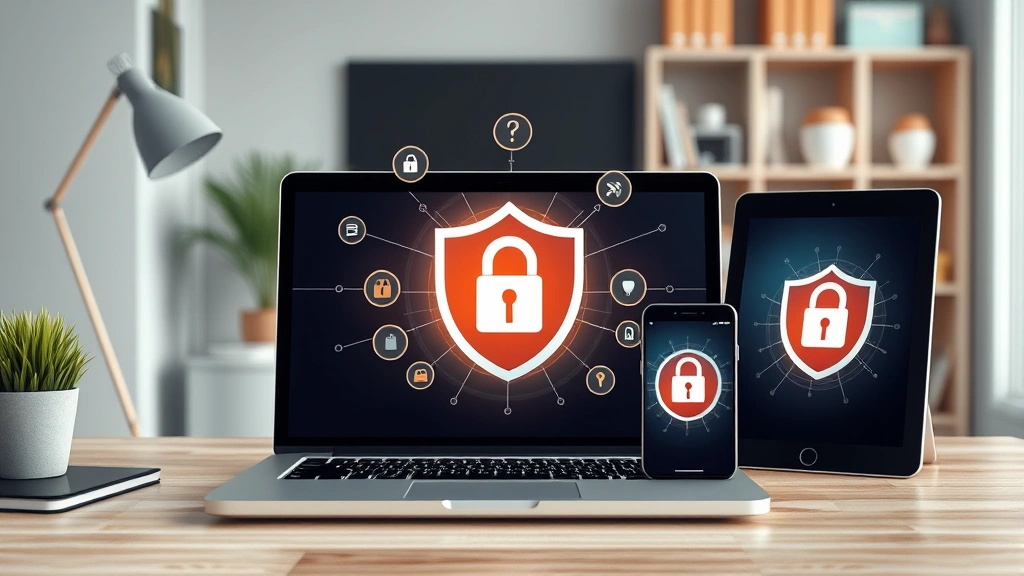 Photorealistic image of a modern home office with a laptop, smartphone, and tablet displaying security shields and lock icons, representing multi-device network protection and digital safety