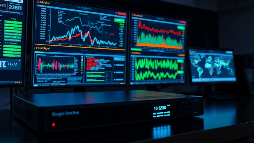 Photorealistic photograph of a professional network security setup with router, firewall device, and monitoring displays showing real-time traffic analysis and threat detection visualizations